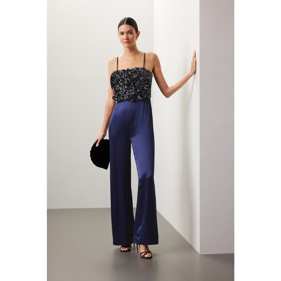 Badgley Mischka Rose Sequin Embellished Satin Wide Leg Cocktail Jumpsuit Size 10 - Picture 1 of 14